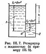 Жидкость вытекает из прямоугольного сосуда 1 в сосуд 2 через круглое отверстие d=2 см. (см. рис. III-7). Разность уровней жидкости в начальный момент H0=2 м.