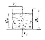 В открытую вертикальную емкость цилиндрической формы (рис.) диаметром D = 2 м поступает жидкость с расходом V1 = 5.4 м3/час. Одновременно жидкость вытекает из отверстия диамет