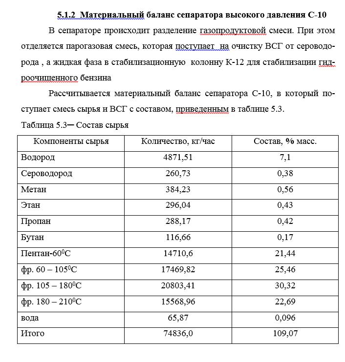 Материальный баланс сепаратора высокого давления