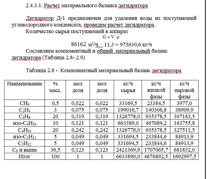Материальный баланс дегидратора Материальный баланс дегидратора