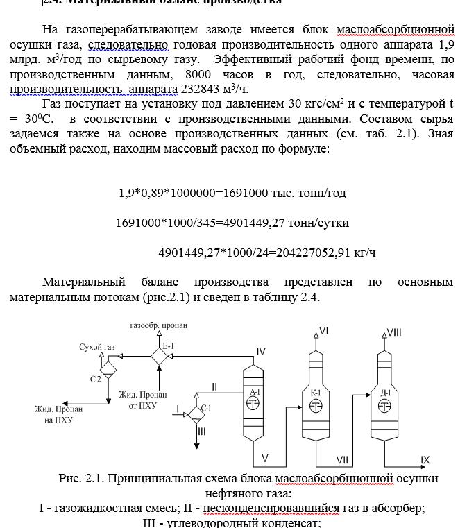 Материальный баланс блока маслоабсорбционной осушки газа