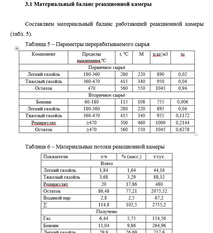 Маптериальный баланс реакционной камеры