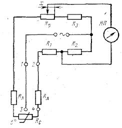 Термометр сопротивления Rt подключается к уравновешенному мосту