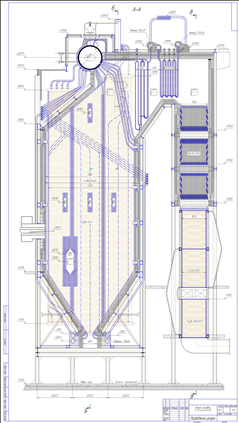 Паровой котел Е-75-42-440 КТ продольный разрез