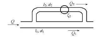 Определить расход в магистральном трубопроводе (d1 = 200мм, l1 =5м), если в параллельно присоединенной трубе