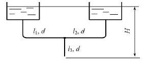 Вода из двух баков поступает по трем стальным трубам в атмосферу. Определить расходы Q2 и Q3, напор Н
