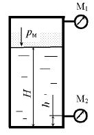 Определить уровень нефти Н (рн =900 кг/м3) в закрытом резервуаре, если манометры M1 и М2