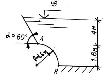 Определить силу гидростатического давления и точку ее приложения на цилиндрическую поверхность АВ шириной b = 2м