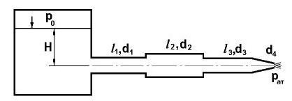 Определить напор воды H в баке (6.15) с учетом всех сопротивлений, если P0 = 80кПа. расход воды