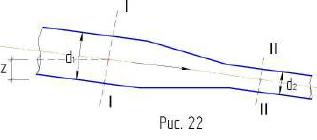 Наклонная труба диаметром d1 = 76 мм плавно сужается до диаметра d2 = 50 мм