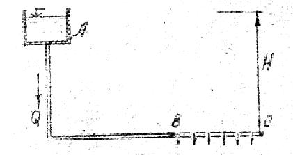 Расход воды Q = 12 л/с распределяется в виде непрерывной раздачи по пути на участке трубопровода ВС (рис. 4). Диаметр d = 125 м постоянный по всей длине трубопровода АВС. Длина участков LAB = 510 м, LBC = 340м. Трубы стальные, нормальные. Определить потерю напора от напорного бака А до точки С.