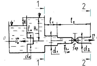 К открытому резервуару с правой стороны подсоединен короткий стальной трубопровод, состоящий из двух участков