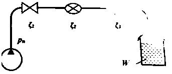 По трубе d = 125 мм, λ = 0,02, L = 100 м с вентилем ξ1 = 4, дросселем ξ2 = 2, клапаном ξ3 = 3 и двумя 