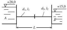 Горизонтальный трубопровод обшей длиной L = 760 м пропускает из резервуара А в резервуар Б воду с расходом