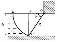 Определить величину и направление силы давления воды на 1 м ширины (b) секторного затвора радиуса
