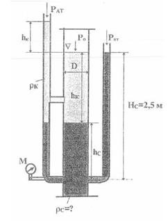 Показание манометра М рм=0,4 кГ/см2. Требуется определить: 1) плотности рк и рс жидкостей